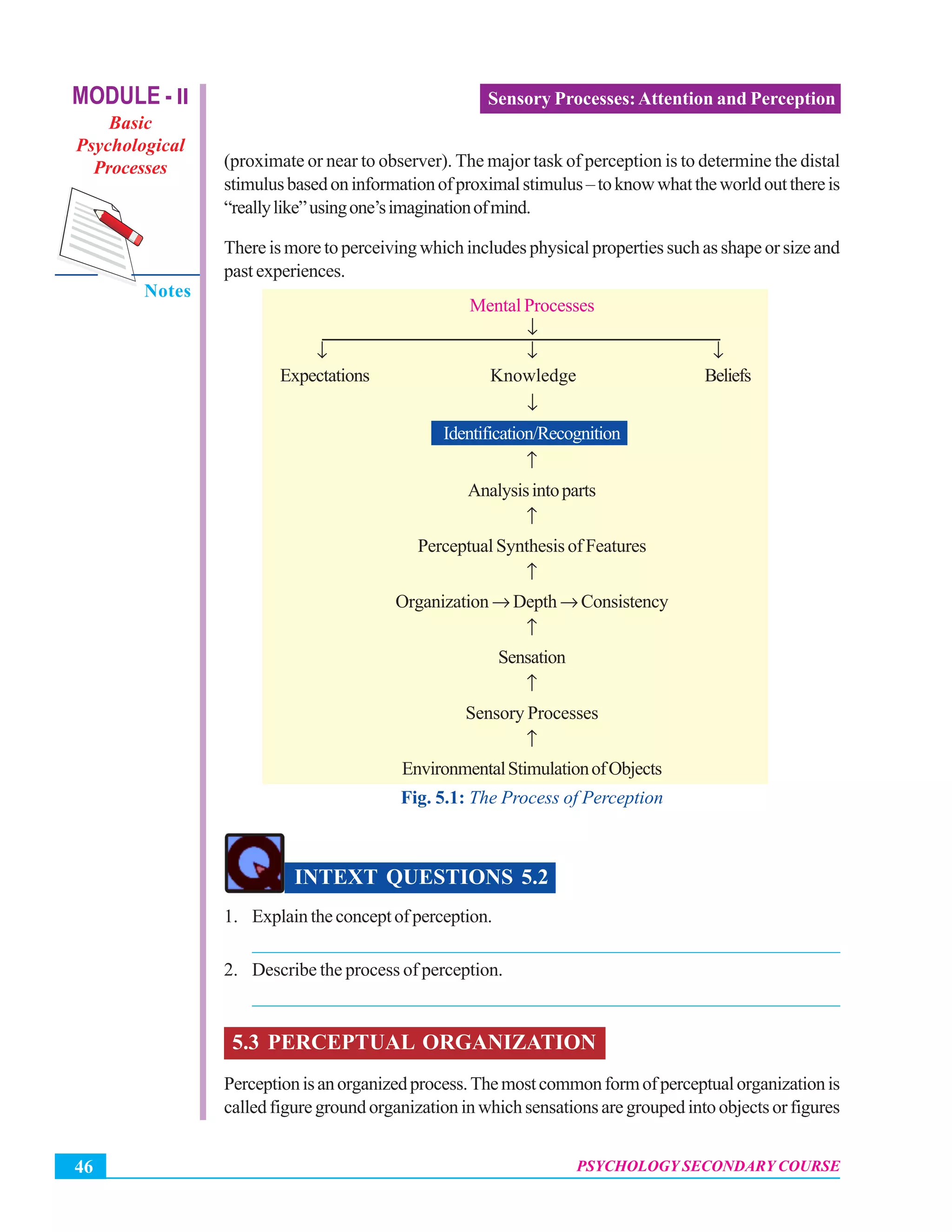 MODULE - II
Basic
Psychological
Processes
Notes
Psychology Secondary Course
PSYCHOLOGY SECONDARY COURSE46
Sensory Processes:Attention and Perception
(proximate or near to observer). The major task of perception is to determine the distal
stimulusbasedoninformationofproximalstimulus–toknowwhattheworldoutthereis
“reallylike”usingone’simaginationofmind.
There is more to perceiving which includes physical properties such as shape or size and
past experiences.
Mental Processes
↓
↓ ↓ ↓
Expectations Knowledge Beliefs
↓
Identification/Recognition
↑
Analysisintoparts
↑
PerceptualSynthesisofFeatures
↑
Organization→ Depth→Consistency
↑
Sensation
↑
Sensory Processes
↑
EnvironmentalStimulationofObjects
Fig. 5.1: The Process of Perception
INTEXT QUESTIONS 5.2
1. Explaintheconceptofperception.
_______________________________________________________________
2. Describe the process of perception.
_______________________________________________________________
5.3 PERCEPTUAL ORGANIZATION
Perceptionisanorganizedprocess.Themostcommonformofperceptualorganizationis
calledfiguregroundorganizationinwhichsensationsaregroupedintoobjectsorfigures
 