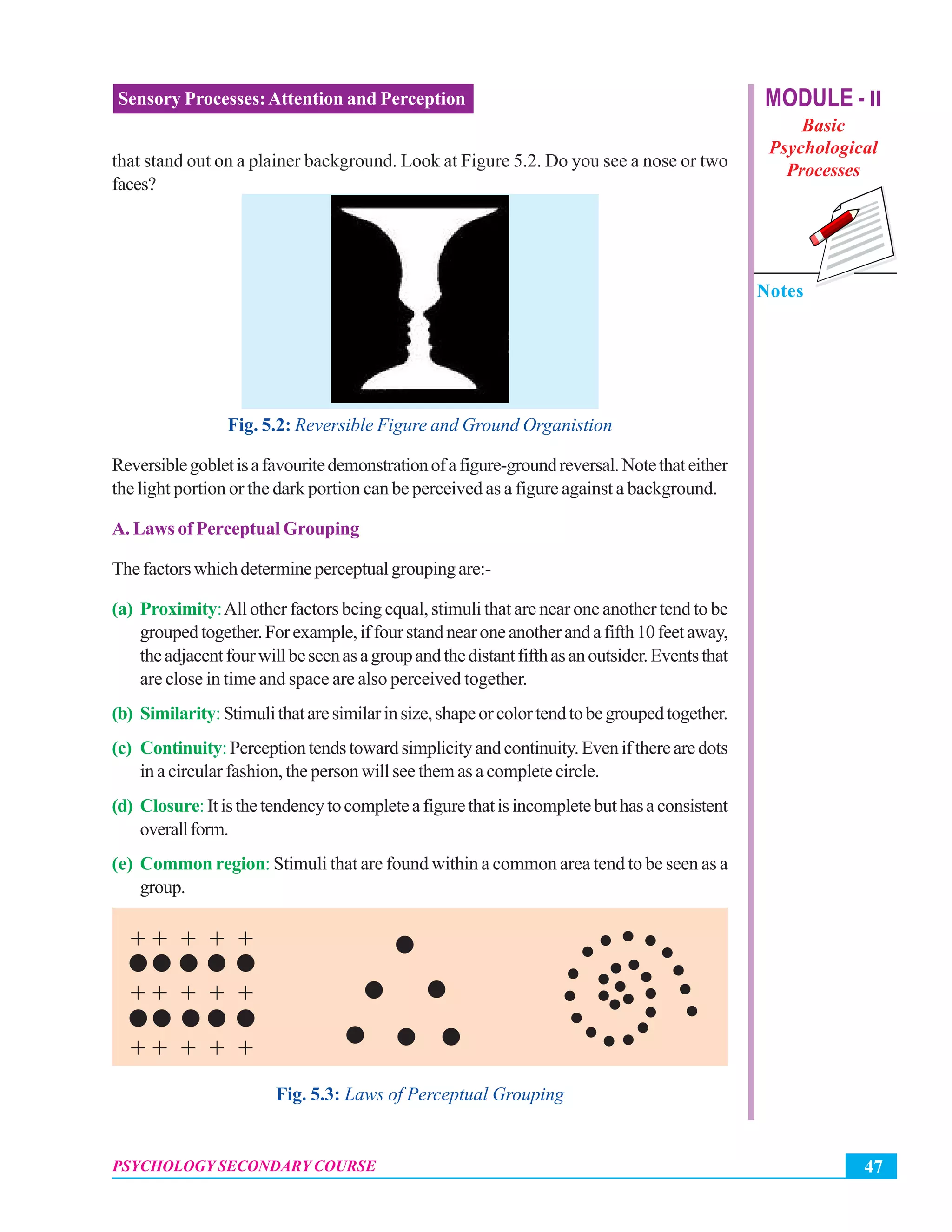 MODULE - II
Basic
Psychological
Processes
Notes
47PSYCHOLOGY SECONDARY COURSE
Sensory Processes:Attention and Perception
that stand out on a plainer background. Look at Figure 5.2. Do you see a nose or two
faces?
Fig. 5.2: Reversible Figure and Ground Organistion
Reversiblegobletisafavouritedemonstrationofafigure-groundreversal.Notethateither
the light portion or the dark portion can be perceived as a figure against a background.
A. Laws of Perceptual Grouping
Thefactorswhichdetermineperceptualgroupingare:-
(a) Proximity:All other factors being equal, stimuli that are near one another tend to be
groupedtogether.Forexample,iffourstandnearoneanotherandafifth10feetaway,
theadjacentfourwillbeseenasagroupandthedistantfifthasanoutsider.Eventsthat
are close in time and space are also perceived together.
(b) Similarity:Stimulithataresimilarinsize,shapeorcolortendtobegroupedtogether.
(c) Continuity:Perceptiontendstowardsimplicityandcontinuity.Eveniftherearedots
in a circular fashion, the person will see them as a complete circle.
(d) Closure: Itisthetendencytocompleteafigurethatisincompletebuthasaconsistent
overallform.
(e) Common region: Stimuli that are found within a common area tend to be seen as a
group.
Fig. 5.3: Laws of Perceptual Grouping
+ + + + +
+ + + + +
+ + + + +
 