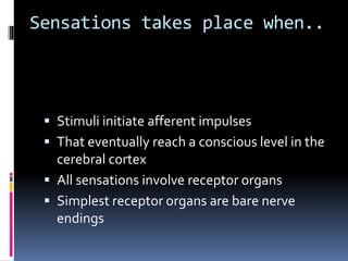 Sensations takes place when..
 Stimuli initiate afferent impulses
 That eventually reach a conscious level in the
cerebral cortex
 All sensations involve receptor organs
 Simplest receptor organs are bare nerve
endings
 