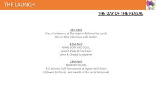 THE LAUNCH
21st April
Press Conference at The Imperial followed by Lunch
One on One Interviews with doctors
22nd April
MIND BODY AND SOUL,
Launch Party @ The Farm
Wine & Cheese Sundowner
23rd April
FOREVER YOUNG
120 Women Golf Tournament at Jaypee Wish Town
Followed by Dinner and awards at the Leela Kempinski
THE DAY OF THE REVEAL
 