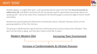 WHY 'SENS'
Healthy aging is a sought-after goal—and a growing interest, given the fact that Every 8 seconds an
Indian turns 50, and SENS is primed to fit the increasing need of a generation passionate about not
"growing old"—yet at the same time, helping the 40-something gain a proactive edge to future health
and vitality.
Ambitiously spearheading the Movement to drastically reduce 'Lifestyle' Diseases which are the
growing epidemic of the 21st Century.
This group is redefining their age bracket by continuing careers and pursuing active lifestyles. They
don't act like they're aging, and they don't want to feel like it either.
Increase in Cardiometabolic & Lifestyle Diseases
Modern Western Diet Increasing Toxic Environment
 