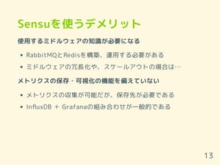 Sensuを使うデメリット
使用するミドルウェアの知識が必要になる
RabbitMQとRedisを構築、運用する必要がある
ミドルウェアの冗長化や、スケールアウトの場合は…
メトリクスの保存・可視化の機能を備えていない
メトリクスの収集が可能だが、保存先が必要である
InﬂuxDB ＋ Grafanaの組み合わせが一般的である
13
 