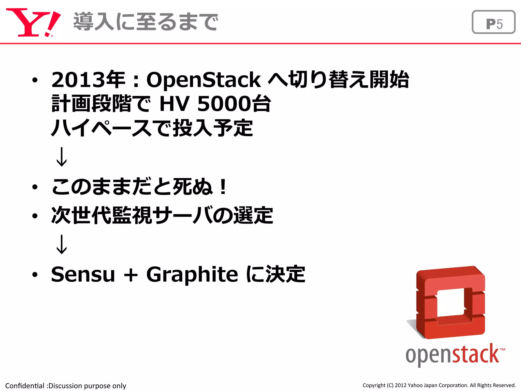 導⼊入に⾄至るまでP5 
• 2013年年：OpenStack へ切切り替え開始 
計画段階で HV 5000台 
ハイペースで投⼊入予定 
↓ 
• このままだと死ぬ！ 
• 次世代監視サーバの選定 
↓ 
• Sensu + Graphite に決定 
Confiden'al 
:Discussion 
purpose 
only 
Copyright 
(C) 
2012 
Yahoo 
Japan 
Corpora'on. 
All 
Rights 
Reserved. 
 