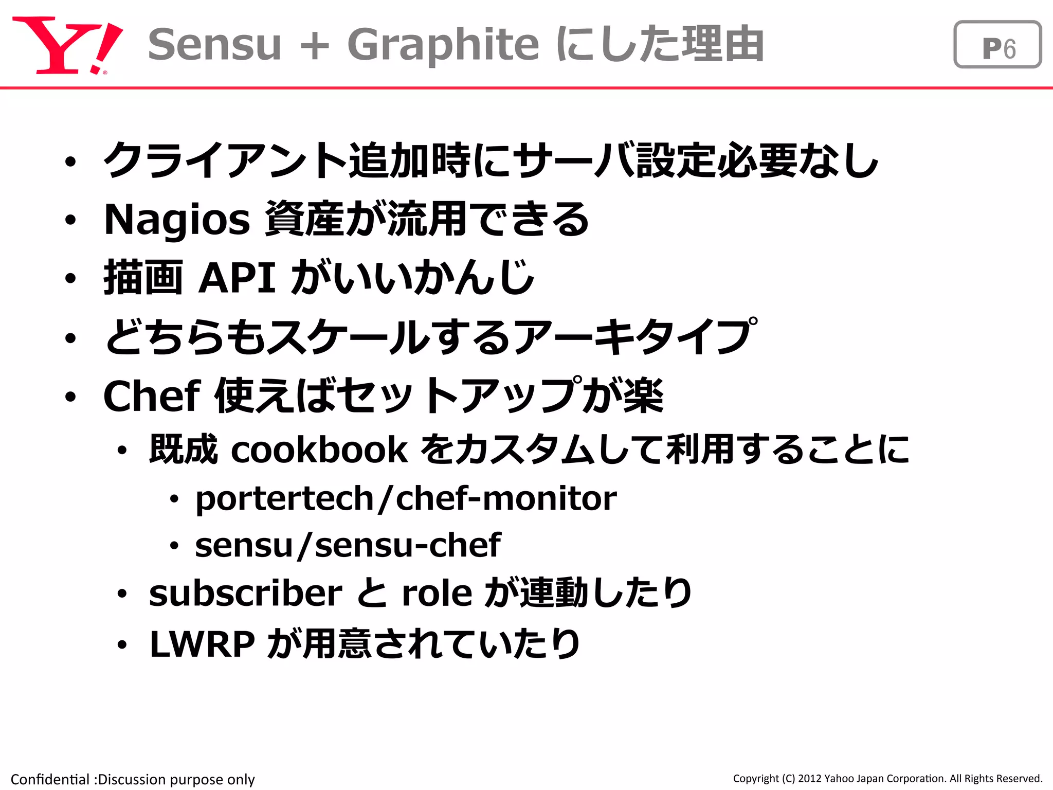 Sensu + Graphite にした理理由 P6 
• クライアント追加時にサーバ設定必要なし 
• Nagios 資産が流流⽤用できる 
• 描画 API がいいかんじ 
• どちらもスケールするアーキタイプ 
• Chef 使えばセットアップが楽 
• 既成 cookbook をカスタムして利利⽤用することに 
Confiden'al 
:Discussion 
purpose 
only 
Copyright 
(C) 
2012 
Yahoo 
Japan 
Corpora'on. 
All 
Rights 
Reserved. 
• portertech/chef-‐‑‒monitor 
• sensu/sensu-‐‑‒chef 
• subscriber と role が連動したり 
• LWRP が⽤用意されていたり 
 