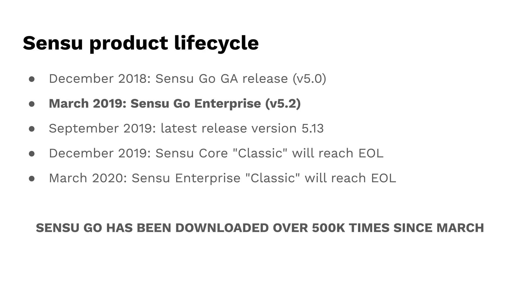 ● December 2018: Sensu Go GA release (v5.0)
● March 2019: Sensu Go Enterprise (v5.2)
● September 2019: latest release version 5.13
● December 2019: Sensu Core "Classic" will reach EOL
● March 2020: Sensu Enterprise "Classic" will reach EOL
SENSU GO HAS BEEN DOWNLOADED OVER 500K TIMES SINCE MARCH
Sensu product lifecycle
 