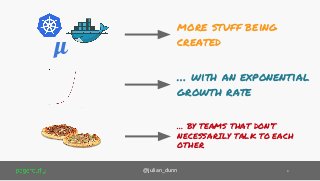 μ
more stuff being
created
@julian_dunn 3
… BY TEAMS THAT DON’T
NECESSARILY TALK TO EACH
OTHER
… with an exponential
growth rate
 