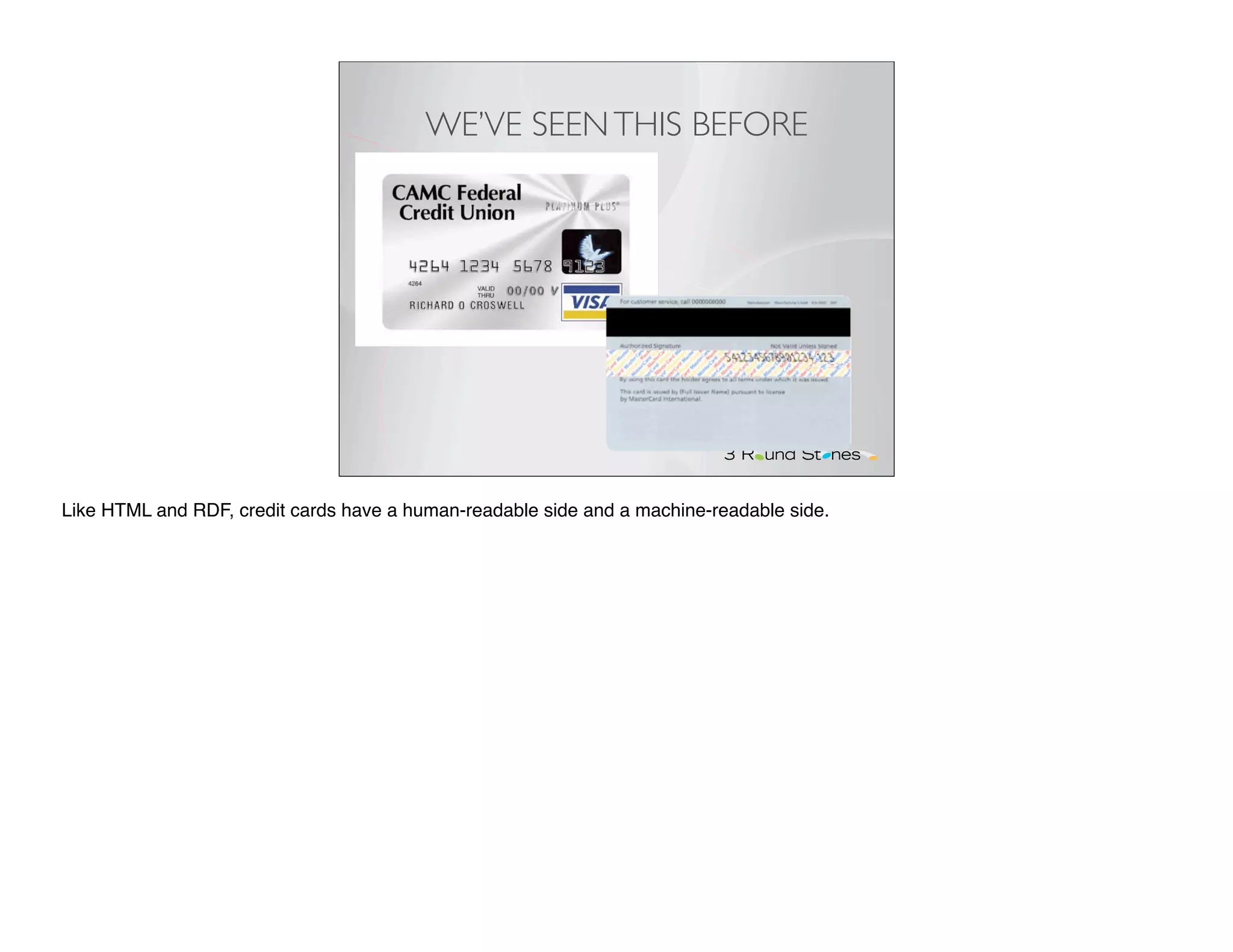WE’VE SEEN THIS BEFORE




Like HTML and RDF, credit cards have a human-readable side and a machine-readable side.
 