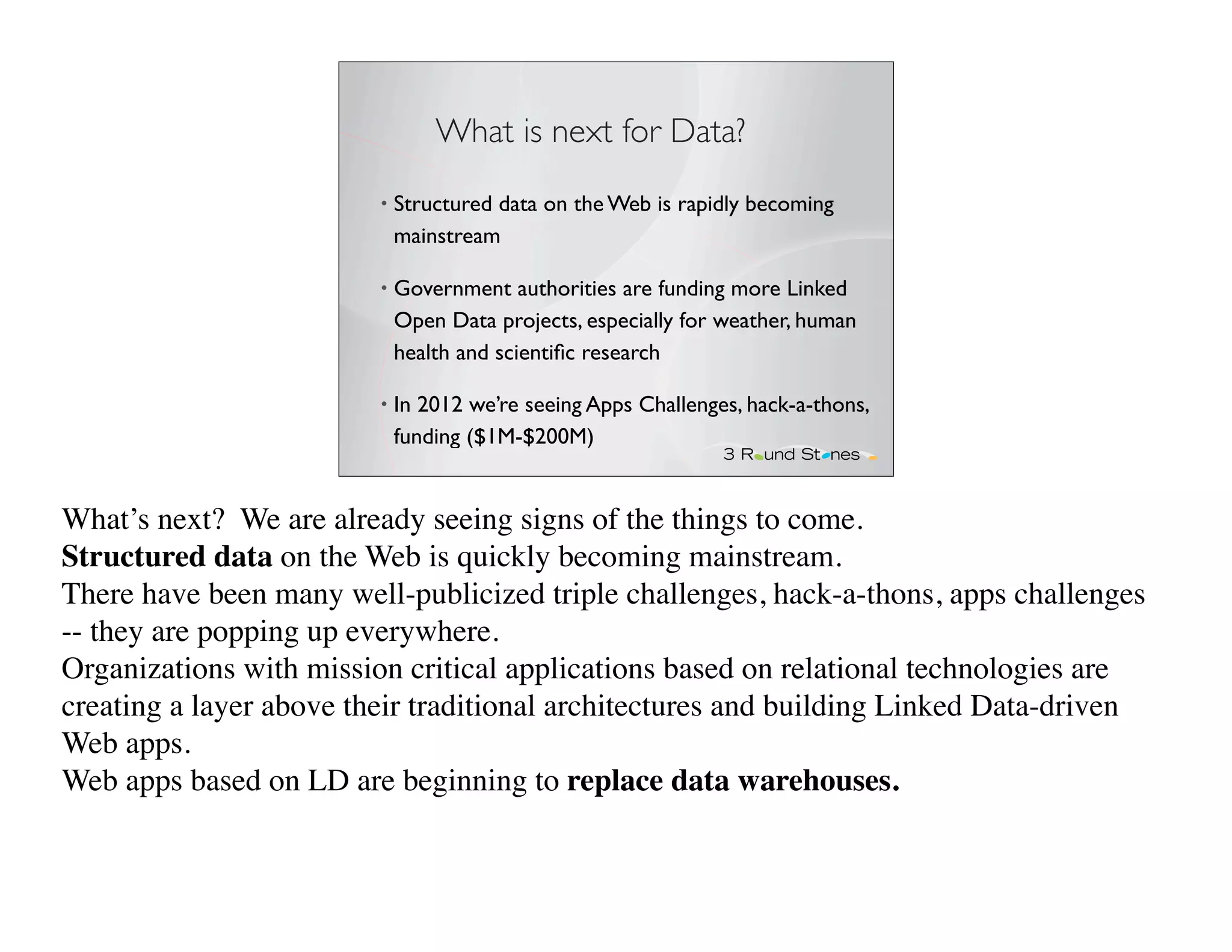 What is next for Data?
                         •   Structured data on the Web is rapidly becoming
                             mainstream

                         •   Government authorities are funding more Linked
                             Open Data projects, especially for weather, human
                             health and scientiﬁc research

                         •   In 2012 we’re seeing Apps Challenges, hack-a-thons,
                             funding ($1M-$200M)


What’s next? We are already seeing signs of the things to come.
Structured data on the Web is quickly becoming mainstream.
There have been many well-publicized triple challenges, hack-a-thons, apps challenges
-- they are popping up everywhere.
Organizations with mission critical applications based on relational technologies are
creating a layer above their traditional architectures and building Linked Data-driven
Web apps.
Web apps based on LD are beginning to replace data warehouses.
 