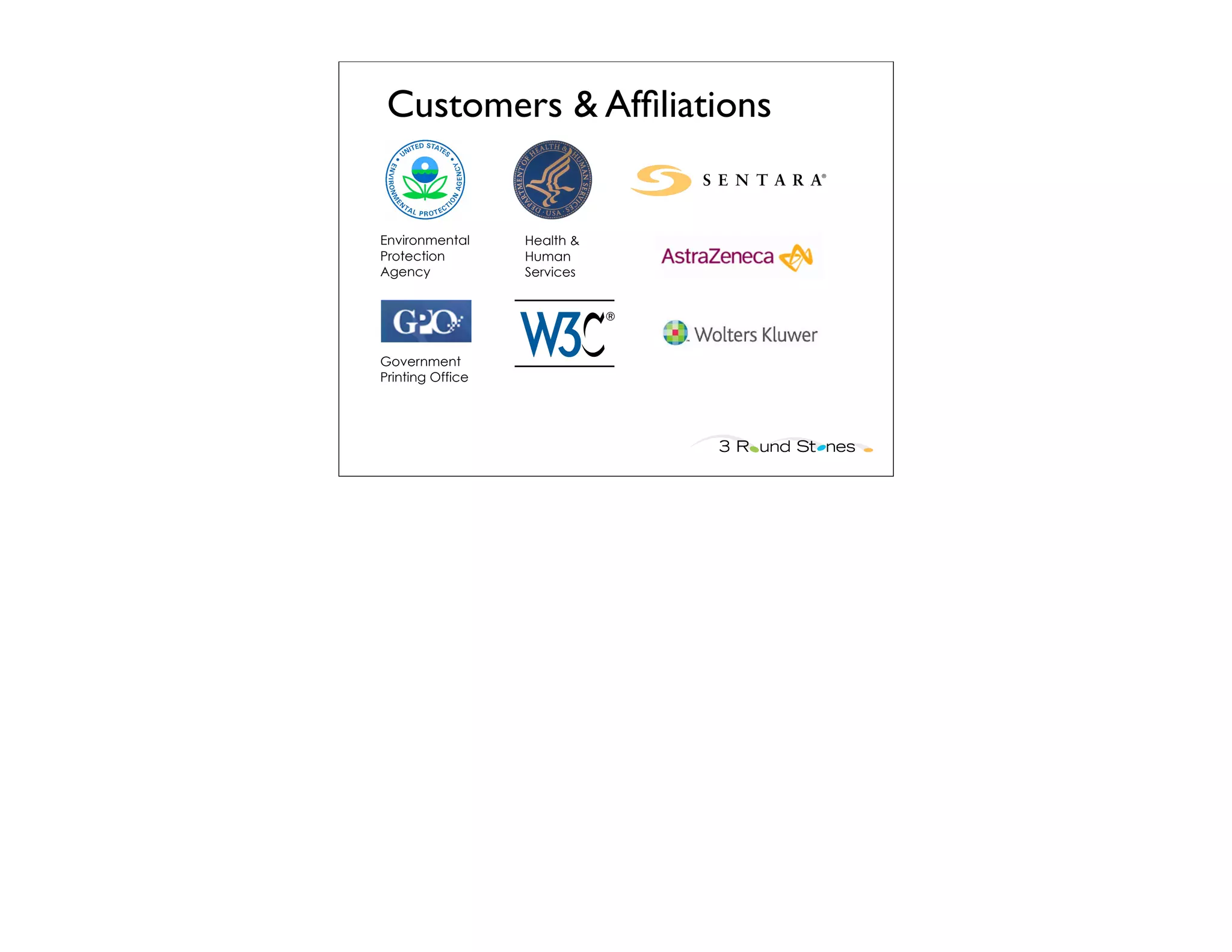 Customers & Afﬁliations


Environmental     Health &
Protection        Human
Agency            Services




Government
Printing Office
 