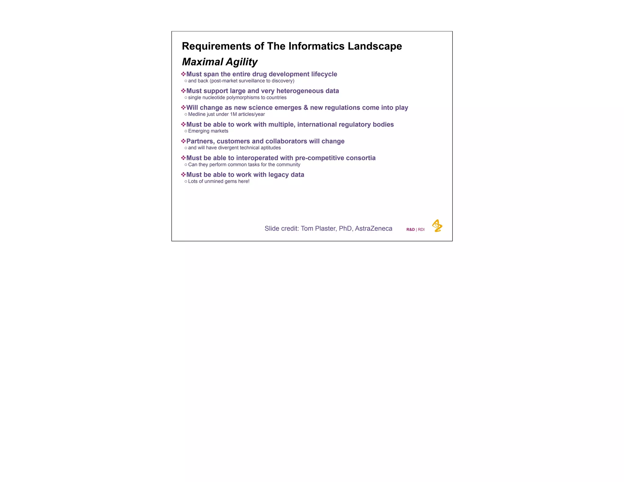 Requirements of The Informatics Landscape
Maximal Agility
vMust span the entire drug development lifecycle
 o and back (post-market surveillance to discovery)

vMust support large and very heterogeneous data
 o single nucleotide polymorphisms to countries

vWill change as new science emerges & new regulations come into play
 o Medline just under 1M articles/year

vMust be able to work with multiple, international regulatory bodies
 o Emerging markets

vPartners, customers and collaborators will change
 o and will have divergent technical aptitudes

vMust be able to interoperated with pre-competitive consortia
 o Can they perform common tasks for the community

vMust be able to work with legacy data
 o Lots of unmined gems here!




                                      Slide credit: Tom Plaster, PhD, AstraZeneca   R&D | RDI
 