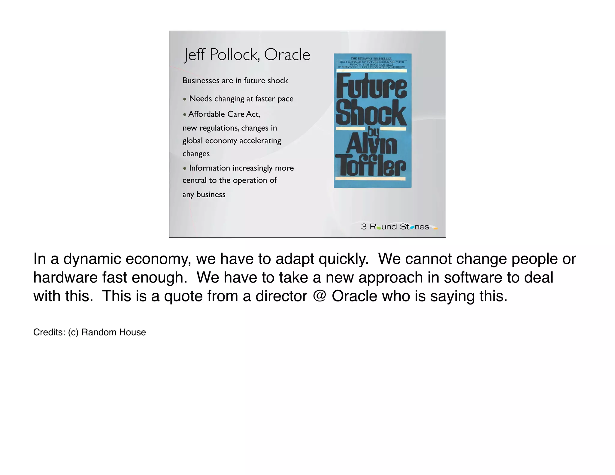 Jeff Pollock, Oracle
                            Businesses are in future shock

                            • Needs changing at faster pace
                            • Affordable Care Act,
                            new regulations, changes in
                            global economy accelerating
                            changes
                            • Information increasingly more
                            central to the operation of
                            any business




In a dynamic economy, we have to adapt quickly. We cannot change people or
hardware fast enough. We have to take a new approach in software to deal
with this. This is a quote from a director @ Oracle who is saying this.

Credits: (c) Random House
 