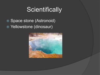 Scientifically
 Space stone (Astronoid)
 Yellowstone (dinosaur)
 