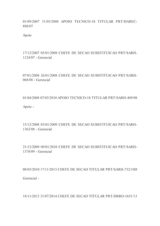 01/09/2007 31/03/2008 APOIO TECNICO-18 TITULAR PRT/DAREC-
888/07
Apoio
17/12/2007 05/01/2008 CHEFE DE SECAO SUBSTITUICAO PRT/SARH-
1124/07 - Gerencial
07/01/2008 26/01/2008 CHEFE DE SECAO SUBSTITUICAO PRT/SARH-
068/08 - Gerencial
01/04/2008 07/03/2010 APOIO TECNICO-18 TITULAR PRT/SARH-409/08
Apoio -
15/12/2008 03/01/2009 CHEFE DE SECAO SUBSTITUICAO PRT/SARH-
1363/08 - Gerencial
21/12/2009 09/01/2010 CHEFE DE SECAO SUBSTITUICAO PRT/SARH-
1378/09 - Gerencial
08/03/2010 17/11/2013 CHEFE DE SECAO TITULAR PRT/SARH-732/10D
Gerencial -
18/11/2013 31/07/2014 CHEFE DE SECAO TITULAR PRT/DRRO-1651/13
 