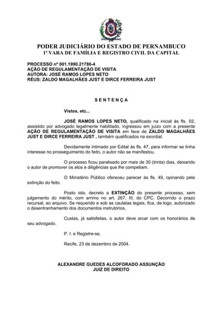 PODER JUDICIÁRIO DO ESTADO DE PERNAMBUCO
        1ª VARA DE FAMÍLIA E REGISTRO CIVIL DA CAPITAL

PROCESSO nº 001.1990.21786-4
AÇÃO DE REGULAMENTAÇÃO DE VISITA
AUTORA: JOSÉ RAMOS LOPES NETO
RÉUS: ZALDO MAGALHÃES JUST E DIRCE FERREIRA JUST



                                      SENTENÇA

                     Vistos, etc...

                  JOSÉ RAMOS LOPES NETO, qualificado na inicial às fls. 02,
assistido por advogado legalmente habilitado, ingressou em juízo com a presente
AÇÃO DE REGULAMENTAÇÃO DE VISITA em face de ZALDO MAGALHÃES
JUST E DIRCE FERREIRA JUST , também qualificados na exordial.

                  Devidamente intimado por Edital às fls. 47, para informar se tinha
interesse no prosseguimento do feito, o autor não se manifestou.

                 O processo ficou paralisado por mais de 30 (trinta) dias, deixando
o autor de promover os atos e diligências que lhe competiam.

                     O Ministério Público ofereceu parecer às fls. 49, opinando pela
extinção do feito.

                   Posto isto, decreto a EXTINÇÃO do presente processo, sem
julgamento do mérito, com arrimo no art. 267, III, do CPC. Decorrido o prazo
recursal, ao arquivo. Se requerido e sob as cautelas legais, fica, de logo, autorizado
o desentranhamento dos documentos instrutórios.

                     Custas, já satisfeitas, o autor deve arcar com os honorários de
seu advogado.

                     P. I. e Registre-se.

                     Recife, 23 de dezembro de 2004.



                ALEXANDRE GUEDES ALCOFORADO ASSUNÇÃO
                            JUIZ DE DIREITO
 