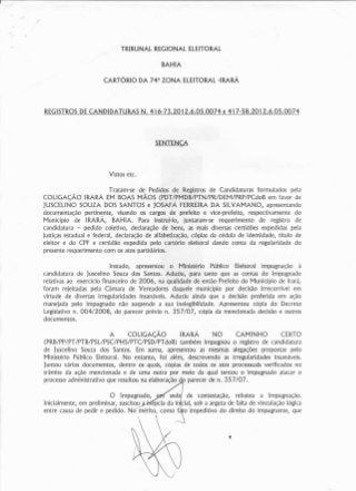 Sentença Sobre Impugnação de Candidatura de Juscelino Souza (PRP) emitida em 03.08.2012