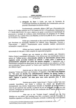 Sentença na Ação Civil Pública n.º 0002751-51.2012.4.03.6100 movida pelo MPF contra Silas Malafaia