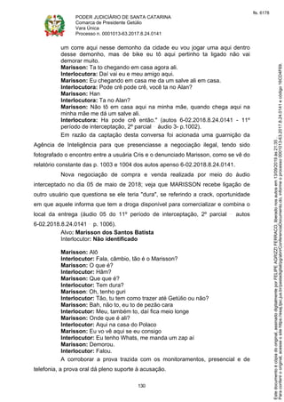 PODER JUDICIÁRIO DE SANTA CATARINA
Comarca de Presidente Getúlio
Vara Única
Processo n. 0001013-63.2017.8.24.0141
130
um corre aqui nesse demonho da cidade eu vou jogar uma aqui dentro
desse demonho, mas de bike eu tô aqui pertinho ta ligado não vai
demorar muito.
Marisson: Ta to chegando em casa agora ali.
Interlocutora: Daí vai eu e meu amigo aqui.
Marisson: Eu chegando em casa me da um salve ali em casa.
Interlocutora: Pode crê pode crê, você ta no Alan?
Marisson: Han
Interlocutora: Ta no Alan?
Marisson: Não tô em casa aqui na minha mãe, quando chega aqui na
minha mãe me dá um salve ali.
Interlocutora: Ha pode crê então." (autos 6-02.2018.8.24.0141 - 11º
período de interceptação, 2º parcial áudio 3- p.1002).
Em razão da captação desta conversa foi acionada uma guarnição da
Agência de Inteligência para que presenciasse a negociação ilegal, tendo sido
fotografado o encontro entre a usuária Cris e o denunciado Marisson, como se vê do
relatório constante das p. 1003 e 1004 dos autos apenso 6-02.2018.8.24.0141.
Nova negociação de compra e venda realizada por meio do áudio
interceptado no dia 05 de maio de 2018; veja que MARISSON recebe ligação de
outro usuário que questiona se ele teria "dura", se referindo a crack, oportunidade
em que aquele informa que tem a droga disponível para comercializar e combina o
local da entrega (áudio 05 do 11º período de interceptação, 2º parcial autos
6-02.2018.8.24.0141 p. 1006).
Alvo: Marisson dos Santos Batista
Interlocutor: Não identificado
Marisson: Alô
Interlocutor: Fala, câmbio, tão é o Marisson?
Marisson: O que é?
Interlocutor: Hãm?
Marisson: Que que é?
Interlocutor: Tem dura?
Marisson: Oh, tenho guri
Interlocutor: Tão, tu tem como trazer até Getúlio ou não?
Marisson: Bah, não to, eu to de pezão cara
Interlocutor: Meu, também to, daí fica meio longe
Marisson: Onde que é ali?
Interlocutor: Aqui na casa do Polaco
Marisson: Eu vo vê aqui se eu consigo
Interlocutor: Eu tenho Whats, me manda um zap aí
Marisson: Demorou.
Interlocutor: Falou.
A corroborar a prova trazida com os monitoramentos, presencial e de
telefonia, a prova oral dá pleno suporte à acusação.
Paraconferirooriginal,acesseositehttps://esaj.tjsc.jus.br/pastadigital/pg/abrirConferenciaDocumento.do,informeoprocesso0001013-63.2017.8.24.0141ecódigo16CD4F69.
Estedocumentoécópiadooriginal,assinadodigitalmenteporFELIPEAGRIZZIFERRACO,liberadonosautosem13/09/2019às21:35.
fls. 6178
 