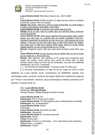 PODER JUDICIÁRIO DE SANTA CATARINA
Comarca de Presidente Getúlio
Vara Única
Processo n. 0001013-63.2017.8.24.0141
144
Luana Silveira Arndt: Meu Deus mãe do céu...hã! O mãe?
[...]
Luana Silveira Arndt: Então tá então. Eu liguei só pra contar a novidade
(inaudível), quase morri do coração.
Cleuza: Meu Deus, olha oh e você se cuide minha filha, se você chega e
ir presa, você perde a suas filhas, minha filha.
Luana Silveira Arndt: A você tem que cuidar dela pra mim.
Cleuza: Ah é, eu não, não vou cuidar não, se você fica presa, você tem
que se (inaudível)
Luana Silveira Arndt: Claro que a senhora tem que cuidar mãe, porque
causa que olha aqui tu a ganha até um auxilio reclusão? Puxa lá...
meninas (inaudível) pra senhora se virar com com...não precisa me vê na
cadeia, o dia que eu cair não quero que a mãe entre dentro da cadeia,
não quero que a mãe leve minhas filhas nada, deixa eu puxar minha
cadeia sozinha, eu vou na caminhada eu e o Trinca.
Cleuza: Vergonha Luana, fala isso, pelo amor de Deus minha filha, isso
ai.
Luana Silveira Arndt: Eu tô na chuva pra se molha mãe, eu tô na chuva
pra se molha oh, o Trinca não vai...
Cleuza: Não senhora, não senhora eu tô quase com cinquenta anos
quase nas costas, nunca penso isso, nunca na minha vida, só faço
minhas coisas certas pra mim não se incomodar, isso que me arrebento
trabalhando, se eu for...(inaudível)
[...]. " (8º período de interceptação, 1ª parcial, áudio 16- grifou-se).
E a conversa intermediada na data de 26 de março de 2018 à linha
telefônica de Luana Silveira Arndt, companheira de RODRIGO também traz
informações sobre o proscrito comércio de drogas. Neste dia o interlocutor pergunta
por "Trinca" e encomenda maconha, veja a transcrição do relatório constante do 8º
período, 2ª parcial, áudio 12:
Alvo: Luana Silveira Arndt
Interlocutor: Não Identificado
Terceira Pessoa: Trinca (Rodrigo Chiodini Correia)
Luana Silveira Arndt: Oi?
Interlocutor: Oh! O Trinca ta em casa?
Luana Silveira Arndt: Tá. Nós estamos aqui na Alessandra na verdade.
Interlocutor: Ah, na Alessandra!
Luana Silveira Arndt: Aham!
(Inaudível)
Luana Silveira Arndt: Que falar com ele?
Interlocutor: (Inaudível)...
Luana Silveira Arndt: Eu vô passar para ele.
Interlocutor: Fechô.
Trinca: Pronto feio?
Interlocutor: O Feio ô, tu não trazia….oh tu não trazia umas cinquenta...
Trinca: Peraí....o caralho...
Interlocutor: O feio?
Paraconferirooriginal,acesseositehttps://esaj.tjsc.jus.br/pastadigital/pg/abrirConferenciaDocumento.do,informeoprocesso0001013-63.2017.8.24.0141ecódigo16CD4F69.
Estedocumentoécópiadooriginal,assinadodigitalmenteporFELIPEAGRIZZIFERRACO,liberadonosautosem13/09/2019às21:35.
fls. 6192
 