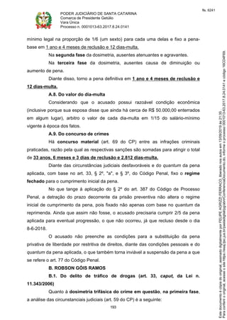 PODER JUDICIÁRIO DE SANTA CATARINA
Comarca de Presidente Getúlio
Vara Única
Processo n. 0001013-63.2017.8.24.0141
193
mínimo legal na proporção de 1/6 (um sexto) para cada uma delas e fixo a pena-
base em 1 ano e 4 meses de reclusão e 12 dias-multa.
Na segunda fase da dosimetria, ausentes atenuantes e agravantes.
Na terceira fase da dosimetria, ausentes causa de diminuição ou
aumento de pena.
Diante disso, torno a pena definitiva em 1 ano e 4 meses de reclusão e
12 dias-multa.
A.8. Do valor do dia-multa
Considerando que o acusado possui razoável condição econômica
(inclusive porque sua esposa disse que ainda há cerca de R$ 50.000,00 enterrados
em algum lugar), arbitro o valor de cada dia-multa em 1/15 do salário-mínimo
vigente à época dos fatos.
A.9. Do concurso de crimes
Há concurso material (art. 69 do CP) entre as infrações criminais
praticadas, razão pela qual as respectivas sanções são somadas para atingir o total
de 33 anos, 6 meses e 3 dias de reclusão e 2.812 dias-multa.
Diante das circunstâncias judiciais desfavoráveis e do quantum da pena
aplicada, com base no art. 33, § 2º, "a", e § 3º, do Código Penal, fixo o regime
fechado para o cumprimento inicial da pena.
No que tange à aplicação do § 2º do art. 387 do Código de Processo
Penal, a detração do prazo decorrente da prisão preventiva não altera o regime
inicial de cumprimento da pena, pois fixado não apenas com base no quantum da
reprimenda. Ainda que assim não fosse, o acusado precisaria cumprir 2/5 da pena
aplicada para eventual progressão, o que não ocorreu, já que recluso desde o dia
8-6-2018.
O acusado não preenche as condições para a substituição da pena
privativa de liberdade por restritiva de direitos, diante das condições pessoais e do
quantum da pena aplicada, o que também torna inviável a suspensão da pena a que
se refere o art. 77 do Código Penal.
B. ROBSON GÓIS RAMOS
B.1. Do delito de tráfico de drogas (art. 33, caput, da Lei n.
11.343/2006)
Quanto à dosimetria trifásica do crime em questão, na primeira fase,
a análise das circunstanciais judiciais (art. 59 do CP) é a seguinte:
Paraconferirooriginal,acesseositehttps://esaj.tjsc.jus.br/pastadigital/pg/abrirConferenciaDocumento.do,informeoprocesso0001013-63.2017.8.24.0141ecódigo16CD4F69.
Estedocumentoécópiadooriginal,assinadodigitalmenteporFELIPEAGRIZZIFERRACO,liberadonosautosem13/09/2019às21:35.
fls. 6241
 