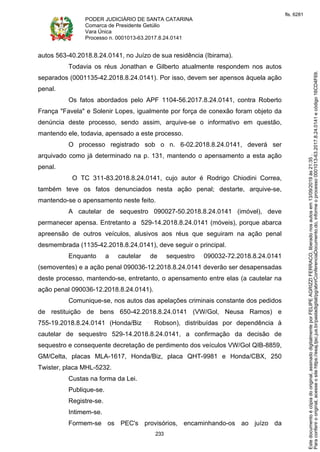 PODER JUDICIÁRIO DE SANTA CATARINA
Comarca de Presidente Getúlio
Vara Única
Processo n. 0001013-63.2017.8.24.0141
233
autos 563-40.2018.8.24.0141, no Juízo de sua residência (Ibirama).
Todavia os réus Jonathan e Gilberto atualmente respondem nos autos
separados (0001135-42.2018.8.24.0141). Por isso, devem ser apensos àquela ação
penal.
Os fatos abordados pelo APF 1104-56.2017.8.24.0141, contra Roberto
França "Favela" e Solenir Lopes, igualmente por força de conexão foram objeto da
denúncia deste processo, sendo assim, arquive-se o informativo em questão,
mantendo ele, todavia, apensado a este processo.
O processo registrado sob o n. 6-02.2018.8.24.0141, deverá ser
arquivado como já determinado na p. 131, mantendo o apensamento a esta ação
penal.
O TC 311-83.2018.8.24.0141, cujo autor é Rodrigo Chiodini Correa,
também teve os fatos denunciados nesta ação penal; destarte, arquive-se,
mantendo-se o apensamento neste feito.
A cautelar de sequestro 090027-50.2018.8.24.0141 (imóvel), deve
permanecer apensa. Entretanto a 529-14.2018.8.24.0141 (móveis), porque abarca
apreensão de outros veículos, alusivos aos réus que seguiram na ação penal
desmembrada (1135-42.2018.8.24.0141), deve seguir o principal.
Enquanto a cautelar de sequestro 090032-72.2018.8.24.0141
(semoventes) e a ação penal 090036-12.2018.8.24.0141 deverão ser desapensadas
deste processo, mantendo-se, entretanto, o apensamento entre elas (a cautelar na
ação penal 090036-12.2018.8.24.0141).
Comunique-se, nos autos das apelações criminais constante dos pedidos
de restituição de bens 650-42.2018.8.24.0141 (VW/Gol, Neusa Ramos) e
755-19.2018.8.24.0141 (Honda/Biz Robson), distribuídas por dependência à
cautelar de sequestro 529-14.2018.8.24.0141, a confirmação da decisão de
sequestro e consequente decretação de perdimento dos veículos VW/Gol QIB-8859,
GM/Celta, placas MLA-1617, Honda/Biz, placa QHT-9981 e Honda/CBX, 250
Twister, placa MHL-5232.
Custas na forma da Lei.
Publique-se.
Registre-se.
Intimem-se.
Formem-se os PEC's provisórios, encaminhando-os ao juízo da
Paraconferirooriginal,acesseositehttps://esaj.tjsc.jus.br/pastadigital/pg/abrirConferenciaDocumento.do,informeoprocesso0001013-63.2017.8.24.0141ecódigo16CD4F69.
Estedocumentoécópiadooriginal,assinadodigitalmenteporFELIPEAGRIZZIFERRACO,liberadonosautosem13/09/2019às21:35.
fls. 6281
 