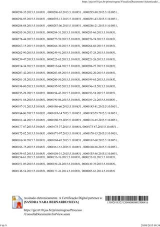 0000298-35.2015.5.10.0851 , 0000296-65.2015.5.10.0851 , 0000295-80.2015.5.10.0851 ,
0000294-95.2015.5.10.0851 , 0000293-13.2015.5.10.0851 , 0000291-43.2015.5.10.0851 ,
0000288-88.2015.5.10.0851 , 0000287-06.2015.5.10.0851 , 0000286-21.2015.5.10.0851,
0000285-36.2015.5.10.0851, 0000284-51.2015.5.10.0851, 0000283-66.2015.5.10.0851,
0000278-44.2015.5.10.0851, 0000277-59.2015.5.10.0851, 0000276-74.2015.5.10.0851,
0000267-15.2015.5.10.0851, 0000266-30.2015.5.10.0851, 0000264-60.2015.5.10.0851,
0000262-90.2015.5.10.0851, 0000249-91.2015.5.10.0851, 0000247-24.2015.5.10.0851,
0000239-47.2015.5.10.0851, 0000225-63.2015.5.10.0851, 0000221-26.2015.5.10.0851,
0000214-34.2015.5.10.0851, 0000212-64.2015.5.10.0851, 0000208-27.2015.5.10.0851,
0000207-42.2015.5.10.0851, 0000203-05.2015.5.10.0851, 0000202-20.2015.5.10.0851,
0000201-35.2015.5.10.0851, 0000200-50.2015.5.10.0851, 0000199-65.2015.5.10.0851,
0000198-80.2015.5.10.0851, 0000197-95.2015.5.10.0851, 0000196-13.2015.5.10.0851,
0000195-28.2015.5.10.0851, 0000194-43.2015.5.10.0851, 0000193-58.2015.5.10.0851,
0000191-88.2015.5.10.0851, 0000190-06.2015.5.10.0851, 0000189-21.2015.5.10.0851 ,
0000187-51.2015.5.10.0851 , 0000186-66.2015.5.10.0851 , 0000185-81.2015.5.10.0851 ,
0000184-96.2015.5.10.0851 , 0000183-14.2015.5.10.0851 , 0000182-29.2015.5.10.0851 ,
0000181-44.2015.5.10.0851 , 0000180-59.2015.5.10.0851 , 0000178-89.2015.5.10.0851 ,
0000177-07.2015.5.10.0851 , 0000175-37.2015.5.10.0851, 0000173-67.2015.5.10.0851 ,
0000172-82.2015.5.10.0851 , 0000171-97.2015.5.10.0851 , 0000170-15.2015.5.10.0851,
0000169-30.2015.5.10.0851 , 0000168-45.2015.5.10.0851 , 0000167-60.2015.5.10.0851 ,
0000166-75.2015.5.10.0851 , 0000161-53.2015.5.10.0851 , 0000160-68.2015.5.10.0851 ,
0000159-83.2015.5.10.0851 , 0000156-31.2015.5.10.0851 , 0000155-46.2015.5.10.0851,
0000154-61.2015.5.10.0851, 0000153-76.2015.5.10.0851, 0000152-91.2015.5.10.0851,
0000151-09.2015.5.10.0851, 0000150-24.2015.5.10.0851, 0000149-39.2015.5.10.0851,
0000148-54.2015.5.10.0851, 0000177-41.2014.5.10.0851, 0000085-63.2014.5.10.0851
Assinado eletronicamente. A Certificação Digital pertence a:
[SANDRA NARA BERNARDO SILVA]
https://pje.trt10.jus.br/primeirograu/Processo
/ConsultaDocumento/listView.seam
15092818325120400000002900416
https://pje.trt10.jus.br/primeirograu/VisualizaDocumento/Autenticado/...
9 de 9 29/09/2015 09:34
 