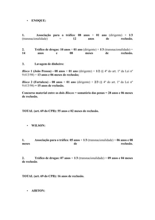 • ENOQUE:
1. Associação para o tráfico: 08 anos + 01 ano (dirigente) + 1/3
(transnacionalidade) = 12 anos de reclusão.
2. Tráfico de drogas: 10 anos + 01 ano (dirigente) + 1/3 (transnacionalidade) =
14 anos e 08 meses de reclusão.
3. Lavagem de dinheiro:
Bloco 1 (João Pessoa) - 08 anos + 01 ano (dirigente) + 1/2 (§ 4º do art. 1º da Lei nº
9.613/98) = 13 anos e 06 meses de reclusão;
Bloco 2 (Fortaleza) - 08 anos + 01 ano (dirigente) + 2/3 (§ 4º do art. 1º da Lei nº
9.613/98) = 15 anos de reclusão.
Concurso material entre os dois Blocos = somatório das penas = 28 anos e 06 meses
de reclusão.
TOTAL (art. 69 do CPB): 55 anos e 02 meses de reclusão.
• WILSON:
1. Associação para o tráfico: 05 anos + 1/3 (transnacionalidade) = 06 anos e 08
meses de reclusão.
2. Tráfico de drogas: 07 anos + 1/3 (transnacionalidade) = 09 anos e 04 meses
de reclusão.
TOTAL (art. 69 do CPB): 16 anos de reclusão.
• AIRTON:
 