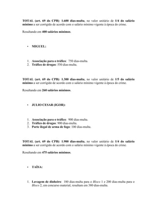 TOTAL (art. 69 do CPB): 1.600 dias-multa, no valor unitário de 1/4 do salário
mínimo a ser corrigido de acordo com o salário mínimo vigente à época do crime.
Resultando em 400 salários mínimos.
• MIGUEL:
1. Associação para o tráfico: 750 dias-multa.
2. Tráfico de drogas: 550 dias-multa.
TOTAL (art. 69 do CPB): 1.300 dias-multa, no valor unitário de 1/5 do salário
mínimo a ser corrigido de acordo com o salário mínimo vigente à época do crime.
Resultando em 260 salários mínimos.
• JULIO CESAR (IGOR):
1. Associação para o tráfico: 900 dias-multa.
2. Tráfico de drogas: 900 dias-multa.
3. Porte ilegal de arma de fogo: 100 dias-multa.
TOTAL (art. 69 do CPB): 1.900 dias-multa, no valor unitário de 1/4 do salário
mínimo a ser corrigido de acordo com o salário mínimo vigente à época do crime.
Resultando em 475 salários mínimos.
• TAÍSA:
1. Lavagem de dinheiro: 180 dias-multa para o Bloco 1 e 200 dias-multa para o
Bloco 2, em concurso material, resultam em 380 dias-multa.
 