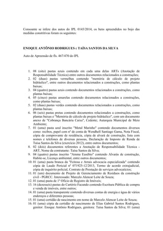 Consoante se infere dos autos do IPL 0143/2014, os bens apreendidos no bojo das
medidas constritivas foram os seguintes:
ENOQUE ANTÔNIO RODRIGUES e TAÍSA SANTOS DA SILVA
Auto de Apreensão de fls. 467/470 do IPL
1. 08 (oito) pastas azuis contendo em cada uma delas ARTs (Anotação de
Responsabilidade Técnica) entre outros documentos relacionados a construções;
2. 02 (duas) pastas vermelhas contendo "memória de cálculo de projeto
hidráulico", entre outros documentos relacionados a construções, como plantas
baixas;
3. 04 (quatro) pastas azuis contendo documentos relacionados a construções, como
plantas baixas;
4. 05 (cinco) pastas amarelas contendo documentos relacionados a construções,
como plantas baixas;
5. 02 (duas) pastas verdes contendo documentos relacionados a construções, como
plantas baixas;
6. 06 (seis) pastas pretas contendo documentos relacionados a construções, como
plantas baixas e "Memória de cálculo de projeto hidráulico", com um documento
anexo de "Cobrança Bancária Caixa", Cedente; Autarquia Municipal de Meio
Ambiente;
7. 01 (uma) pasta azul inscrito "Metal Marinho" contendo documentos diversos
como: recibos, papel com nº de conta de Wendhell Santiago Gama, Nota Fiscal,
cópia de comprovante de residência, cópia de alvará de construção, lista com
nomes e telefones de diversas pessoas, Declaração de Imposto de Renda de
Taísa Santos da Silva (exercício 2012), entre outros documentos;
8. 02 (dois) documentos referentes a Anotação de Responsabilidade Técnica -
ART, Nome da contratante: Taísa Santos da Silva;
9. 04 (quatro) pastas inscrito "Amma Eusébio" contendo Alvarás de construção,
Habite-se, Licença ambiental, entre outros documentos;
10. 01 (uma) pasta branca da "Feitosa e Arrais advocacia especializada" contendo
cópia de Laudo Pericial nº 071925-12/2013, Termo de acordo extrajudicial,
cópia de inquérito policial, Contrato de Prestação de serviços advocatícios;
11. 01 (um) documento de Projeto de Gerenciamento de Resíduos da construção
civil - PGRCC. Interessado: Marcelo Alencar Leite de Souza;
12. 01 (uma) pasta de 1º Ofício de Registro de Imóveis;
13. 16 (dezesseis) pastas do Cartório Facundo contendo Escritura Pública de compra
e venda de imóveis, entre outros;
14. 01 (uma) pasta transparente contendo diversas contas de energia e água de vários
endereços e diferentes pessoas;
15. 01 (uma) certidão de nascimento em nome de Marcelo Alencar Leite de Souza;
16. 01 (uma) cópia da certidão de nascimento de Elias Gabriel Santos Rodrigues,
genitor: Enoque Antônio Rodrigues, genitora: Taísa Santos da Silva; 01 (uma)
 