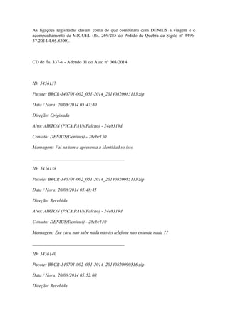 As ligações registradas davam conta de que combinara com DENIUS a viagem e o
acompanhamento de MIGUEL (fls. 269/285 do Pedido de Quebra de Sigilo nº 4496-
37.2014.4.05.8300).
CD de fls. 337-v - Adendo 01 do Auto n° 003/2014
ID: 5456137
Pacote: BRCR-140701-002_051-2014_20140820085113.zip
Data / Hora: 20/08/2014 05:47:40
Direção: Originada
Alvo: AIRTON (PICA PAU)(Falcao) - 24e8319d
Contato: DENIUS(Deniuus) - 28ebe150
Mensagem: Vai na tam e apresenta a identidad so isso
________________________________________
ID: 5456138
Pacote: BRCR-140701-002_051-2014_20140820085113.zip
Data / Hora: 20/08/2014 05:48:45
Direção: Recebida
Alvo: AIRTON (PICA PAU)(Falcao) - 24e8319d
Contato: DENIUS(Deniuus) - 28ebe150
Mensagem: Ese cara nao sabe nada nao tei telefone nao entende nada ??
________________________________________
ID: 5456140
Pacote: BRCR-140701-002_051-2014_20140820090516.zip
Data / Hora: 20/08/2014 05:52:08
Direção: Recebida
 
