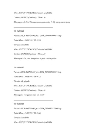 Alvo: AIRTON (PICA PAU)(Falcao) - 24e8319d
Contato: DENIUS(Deniuus) - 28ebe150
Mensagem: Eo felei biem para ese cara amigo !! Ele nao e mas crianza
________________________________________
ID: 5456143
Pacote: BRCR-140701-002_051-2014_20140820090516.zip
Data / Hora: 20/08/2014 05:54:30
Direção: Recebida
Alvo: AIRTON (PICA PAU)(Falcao) - 24e8319d
Contato: DENIUS(Deniuus) - 28ebe150
Mensagem: Ese cara nao presta ni para cuidar galina
________________________________________
ID: 5456152
Pacote: BRCR-140701-002_051-2014_20140820090516.zip
Data / Hora: 20/08/2014 06:01:25
Direção: Originada
Alvo: AIRTON (PICA PAU)(Falcao) - 24e8319d
Contato: DENIUS(Deniuus) - 28ebe150
Mensagem: Vou gastar mais um monte
________________________________________
ID: 5460828
Pacote: BRCR-140701-002_051-2014_20140821125003.zip
Data / Hora: 21/08/2014 09:36:13
Direção: Recebida
Alvo: AIRTON (PICA PAU)(Falcao) - 24e8319d
 