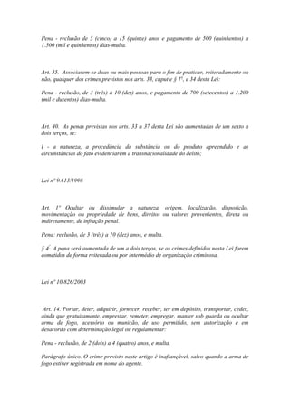 Pena - reclusão de 5 (cinco) a 15 (quinze) anos e pagamento de 500 (quinhentos) a
1.500 (mil e quinhentos) dias-multa.
Art. 35. Associarem-se duas ou mais pessoas para o fim de praticar, reiteradamente ou
não, qualquer dos crimes previstos nos arts. 33, caput e § 1o
, e 34 desta Lei:
Pena - reclusão, de 3 (três) a 10 (dez) anos, e pagamento de 700 (setecentos) a 1.200
(mil e duzentos) dias-multa.
Art. 40. As penas previstas nos arts. 33 a 37 desta Lei são aumentadas de um sexto a
dois terços, se:
I - a natureza, a procedência da substância ou do produto apreendido e as
circunstâncias do fato evidenciarem a transnacionalidade do delito;
Lei nº 9.613/1998
Art. 1º Ocultar ou dissimular a natureza, origem, localização, disposição,
movimentação ou propriedade de bens, direitos ou valores provenientes, direta ou
indiretamente, de infração penal.
Pena: reclusão, de 3 (três) a 10 (dez) anos, e multa.
§ 4º
. A pena será aumentada de um a dois terços, se os crimes definidos nesta Lei forem
cometidos de forma reiterada ou por intermédio de organização criminosa.
Lei nº 10.826/2003
Art. 14. Portar, deter, adquirir, fornecer, receber, ter em depósito, transportar, ceder,
ainda que gratuitamente, emprestar, remeter, empregar, manter sob guarda ou ocultar
arma de fogo, acessório ou munição, de uso permitido, sem autorização e em
desacordo com determinação legal ou regulamentar:
Pena - reclusão, de 2 (dois) a 4 (quatro) anos, e multa.
Parágrafo único. O crime previsto neste artigo é inafiançável, salvo quando a arma de
fogo estiver registrada em nome do agente.
 