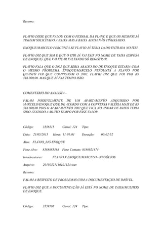 Resumo:
FLAVIO DISSE QUE FALOU COM O PESSOAL DA PLANC E QUE OS MESMOS JÁ
TINHAM SOLICITADO A BAIXA MAS A BAIXA AINDA NÃO TINHASAIDO.
ENOQUE/MARCELO PERGUNTA SE FLAVIO JÁ TERIA DADO ENTRADA NO ITBI.
FLAVIO DIZ QUE SIM E QUE O ITBI JÁ VAI SAIR NO NOME DE TAISA (ESPOSA
DE ENOQUE). QUE VAI FICAR FALTANDO SÓ REGISTRAR.
FLAVIO FALA QUE O 2002 QUE SERIA ABAIXO DO DE ENOQUE ESTARIA COM
O MESMO PROBLEMA. ENOQUE/MARCELO PERGUNTA A FLAVIO POR
QUANTO FOI QUE COMPRARAM O 2002. FLAVIO DIZ QUE FOI POR R$
516.000,00. MAS QUE JÁ FAZ TEMPO ISSO.
COMENTÁRIO DO ANALISTA -
FALAM POSSIVELMENTE DE UM APARTAMENTO ADQUIRIDO POR
MARCELO/ENOQUE QUE DE ACORDO COM A CONVERSA VALERIA MAIS DE R$
516.000,00 POIS O APARTAMENTO 2002 QUE FICA NO ANDAR DE BAIXO TERIA
SIDO VENDIDO A MUITO TEMPO POR ESSE VALOR.
Código: 3558215 Canal: 124 Tipo:
Data: 21/05/2015 Hora: 11:01:01 Duração: 00:02:52
Alvo: FLÁVIO_LIG ENOQUE
Fone Alvo: 8388885368 Fone Contato: 8388921674
Interlocutores: FLAVIO X ENOQUE/MARCELO - NEGÓCIOS
Arquivo: 20150521110101124.wav
Resumo:
FALAM A RESPEITO DE PROBLEMAS COM A DOCUMENTAÇÃO DE IMÓVEL.
FLAVIO DIZ QUE A DOCUMENTAÇÃO JÁ ESTÁ NO NOME DE TAISA(MULHER)
DE ENOQUE.
Código: 3559188 Canal: 124 Tipo:
 