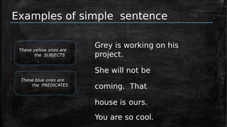 Examples of simple sentence
Grey is working on his
project.
She will not be
coming. That
house is ours.
You are so cool.
These yellow ones are
the SUBJECTS
.
These blue ones are
the PREDICATES
 