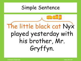Coleman’s Classroom www.clmn.net
The little black cat Nyx
played yesterday with
his brother, Mr.
Gryffyn.
Simple Sentence
 