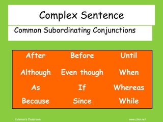 Coleman’s Classroom www.clmn.net
Complex Sentence
Common Subordinating Conjunctions
After Before Until
Although Even though When
As If Whereas
Because Since While
 