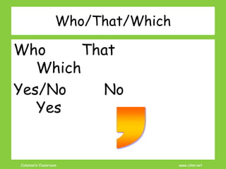 Coleman’s Classroom www.clmn.net
Who/That/Which
Who That
Which
Yes/No No
Yes
 