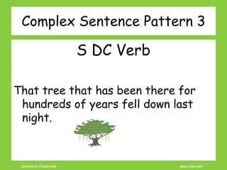 Coleman’s Classroom www.clmn.net
Complex Sentence Pattern 3
S DC Verb
That tree that has been there for
hundreds of years fell down last
night.
 