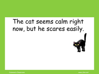 Coleman’s Classroom www.clmn.net
The cat seems calm right
now, but he scares easily.
 