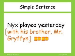 Coleman’s Classroom www.clmn.net
Simple Sentence
Nyx played yesterday
with his brother, Mr.
Gryffyn.
 