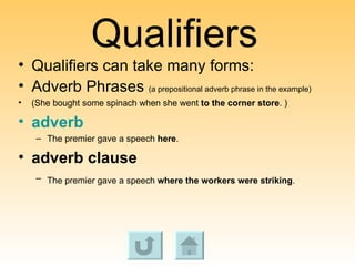 Qualifiers Qualifiers can take many forms: Adverb Phrases  (a prepositional adverb phrase in the example) (She bought some spinach when she went  to the corner store . ) adverb   The premier gave a speech  here .  adverb clause   The premier gave a speech  where the workers were striking .   