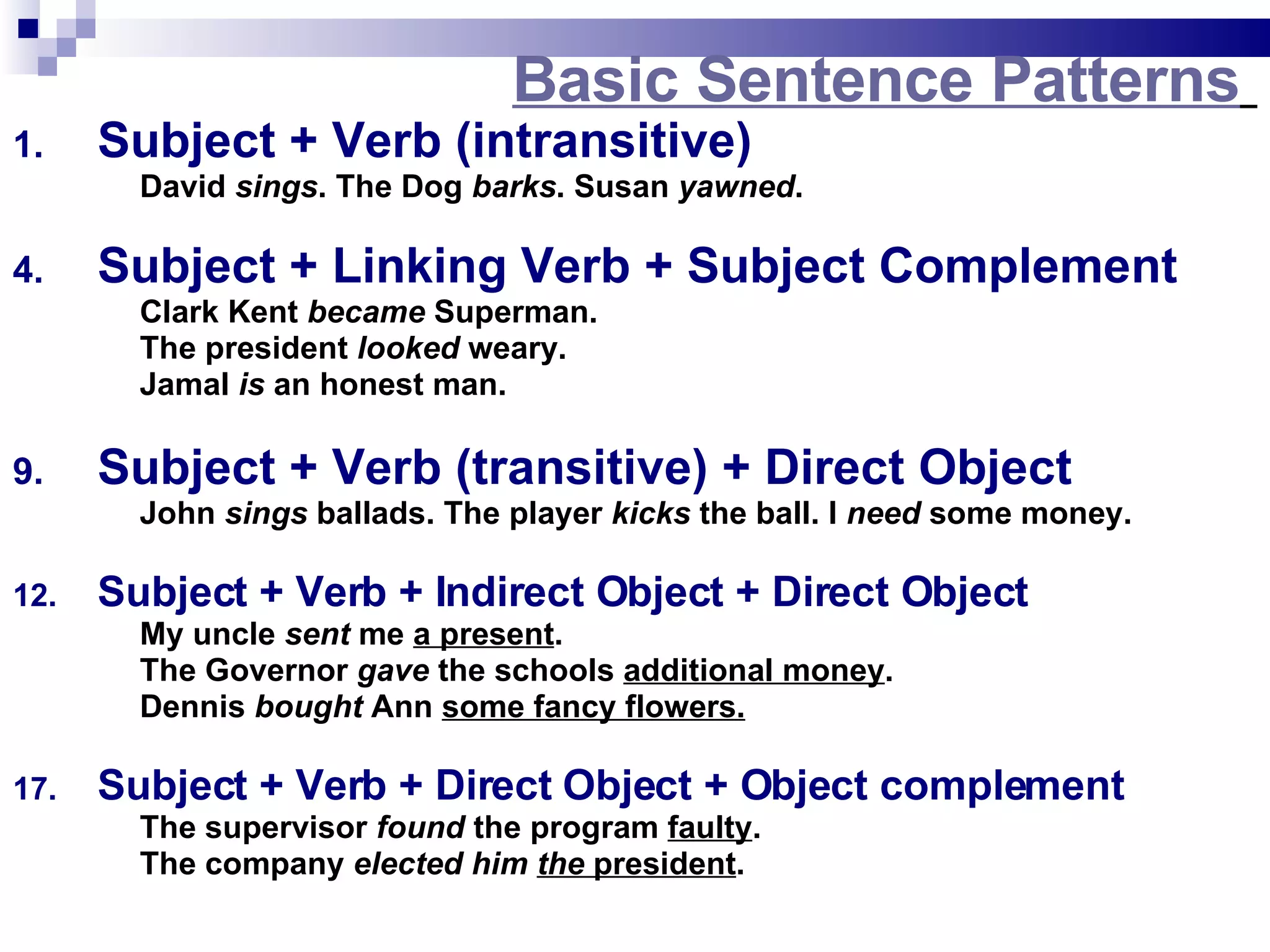 Basic Sentence Patterns Subject + Verb (intransitive) David sings . The Dog barks . Susan yawned . Subject + Linking Verb + Subject Complement Clark Kent became Superman. The president looked weary. Jamal is an honest man. Subject + Verb (transitive) + Direct Object John sings ballads. The player kicks the ball. I need some money. Subject + Verb + Indirect Object + Direct Object My uncle sent me a present . The Governor gave the schools additional money . Dennis bought Ann some fancy flowers. Subject + Verb + Direct Object + Object complement The supervisor found the program faulty . The company elected him the president .