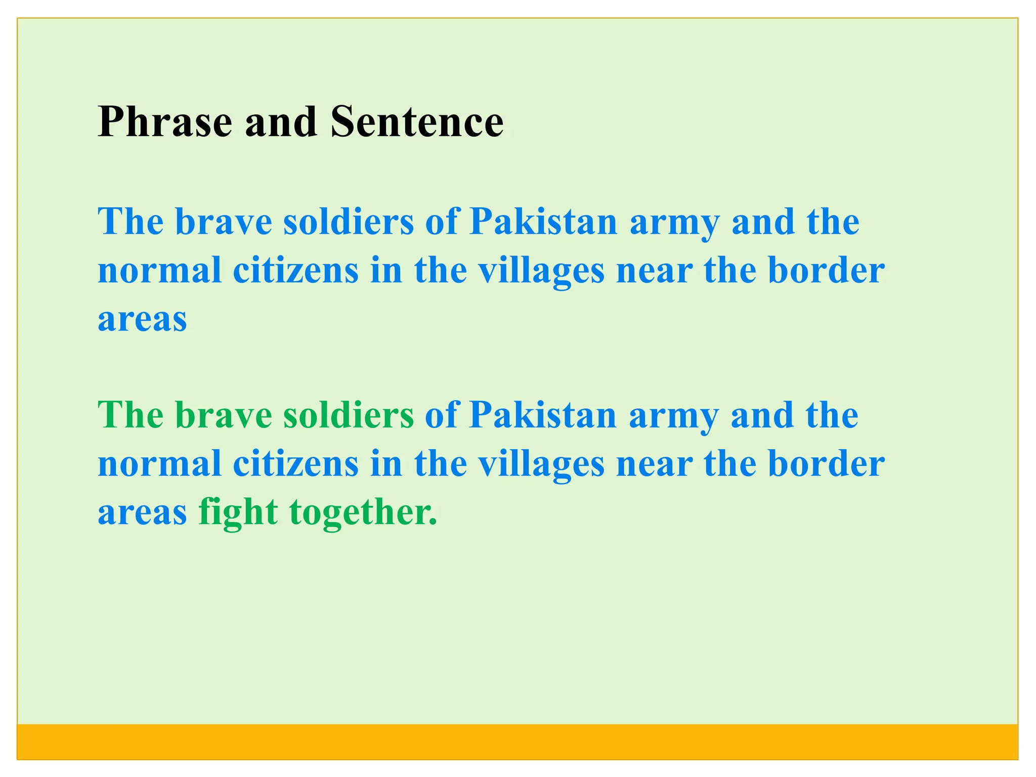 Phrase and Sentence
The brave soldiers of Pakistan army and the
normal citizens in the villages near the border
areas
The brave soldiers of Pakistan army and the
normal citizens in the villages near the border
areas fight together.
 