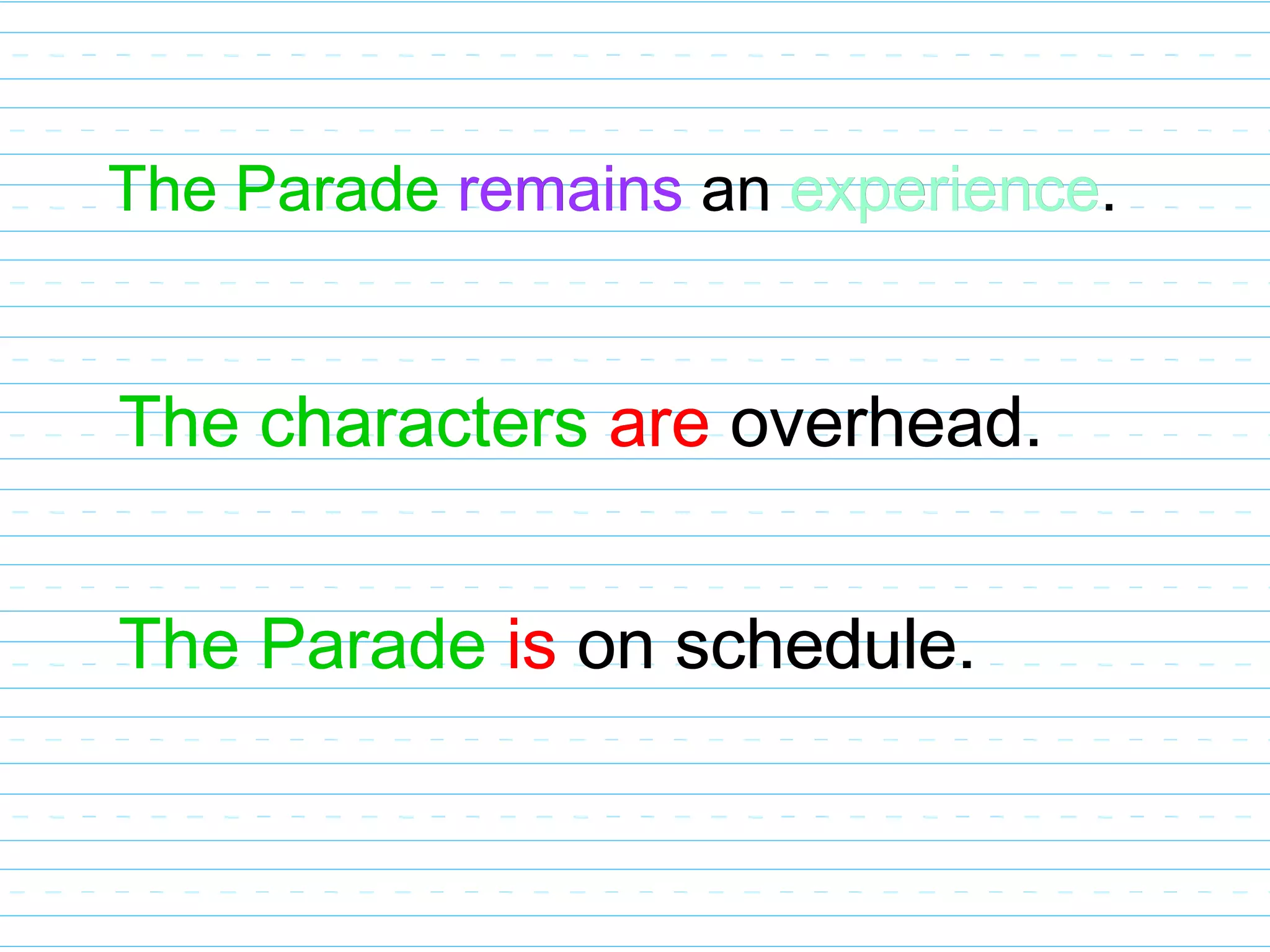 The Parade remains an experience.
The characters are overhead.
The Parade is on schedule.