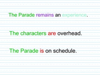 The Parade remains an experience.
The characters are overhead.
The Parade is on schedule.