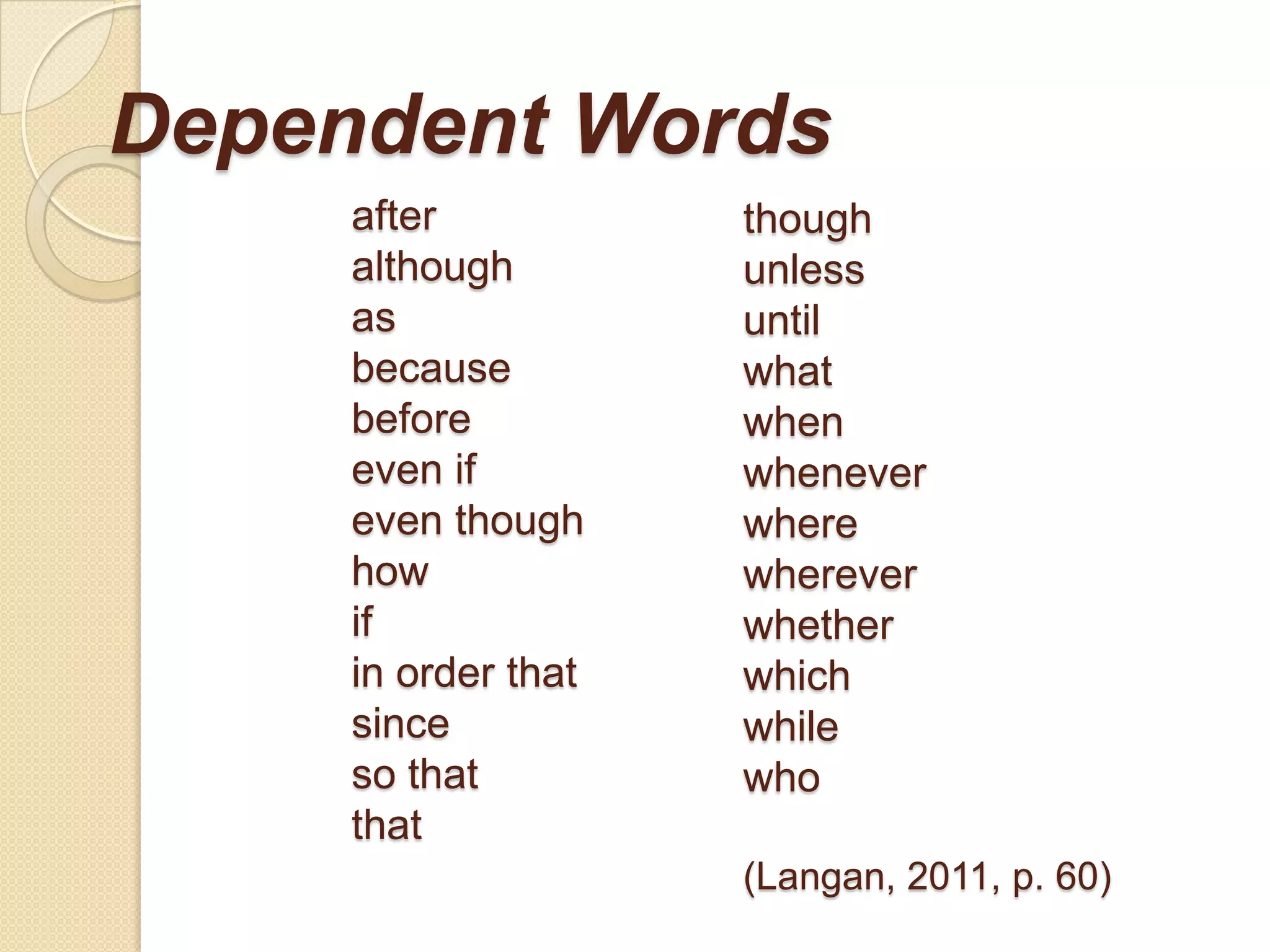 Dependent Words
after
although
as
because
before
even if
even though
how
if
in order that
since
so that
that
though
unless
until
what
when
whenever
where
wherever
whether
which
while
who
(Langan, 2011, p. 60)
 