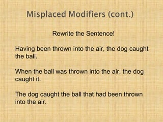 Rewrite the Sentence! 
Having been thrown into the air, the dog caught 
the ball. 
When the ball was thrown into the air, the dog 
caught it. 
The dog caught the ball that had been thrown 
into the air. 
 