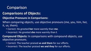 Comparison
Comparisons of Objects:
Objective Pronouns in Comparisons:
When comparing objects, use objective pronouns (me, you, him, her,
it, us, them).
• Correct: He greeted her more warmly than me.
• Incorrect: He greeted she more warmly than I.
Compound Objects: In comparisons with compound objects, use
objective pronouns.
• Correct: The teacher praised us and them for our efforts.
• Incorrect: The teacher praised we and they for our efforts.
 