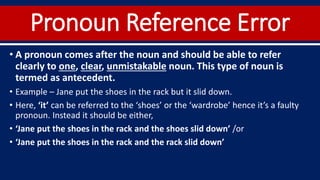 Pronoun Reference Error
• A pronoun comes after the noun and should be able to refer
clearly to one, clear, unmistakable noun. This type of noun is
termed as antecedent.
• Example – Jane put the shoes in the rack but it slid down.
• Here, ‘it’ can be referred to the ‘shoes’ or the ‘wardrobe’ hence it’s a faulty
pronoun. Instead it should be either,
• ‘Jane put the shoes in the rack and the shoes slid down’ /or
• ‘Jane put the shoes in the rack and the rack slid down’
 
