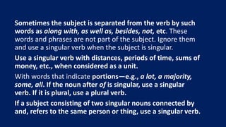 Sometimes the subject is separated from the verb by such
words as along with, as well as, besides, not, etc. These
words and phrases are not part of the subject. Ignore them
and use a singular verb when the subject is singular.
Use a singular verb with distances, periods of time, sums of
money, etc., when considered as a unit.
With words that indicate portions—e.g., a lot, a majority,
some, all. If the noun after of is singular, use a singular
verb. If it is plural, use a plural verb.
If a subject consisting of two singular nouns connected by
and, refers to the same person or thing, use a singular verb.
 