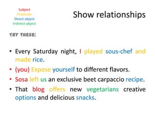 Show relationshipsSubjectPredicateDirect objectIndirect objectTry these:Every Saturday night, Iplayedsous-chefandmaderice.(you) Exposeyourself to different flavors.Sosaleftus an exclusive beet carpacciorecipe.That blogoffers new vegetarians creative options and delicious snacks.